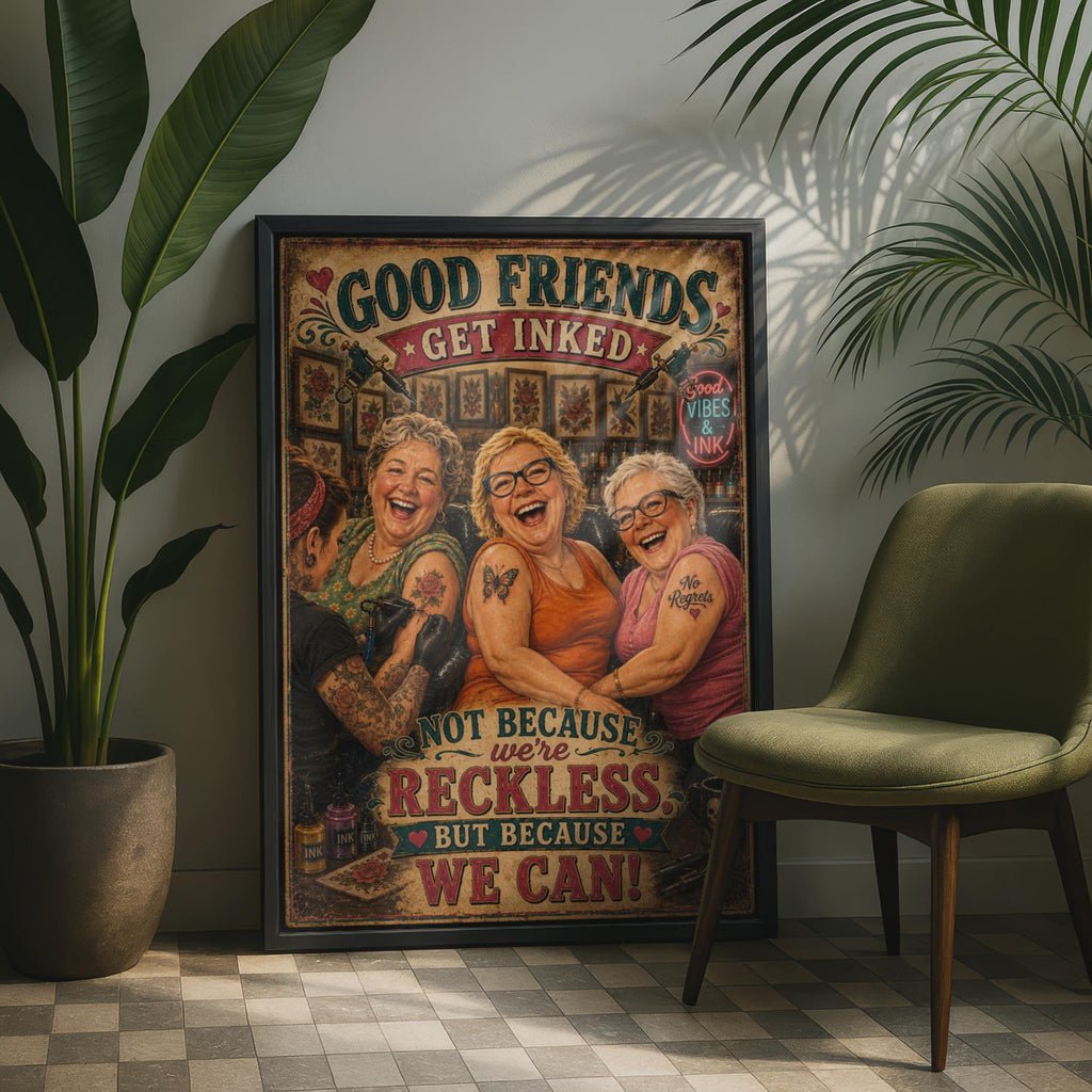 Good Friends Get Inked Tattoo Parlour Poster, Funny Women Friendship Wall Art