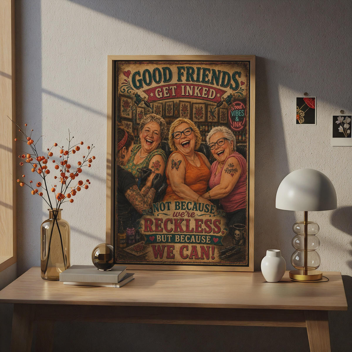 Good Friends Get Inked Tattoo Parlour Poster, Funny Women Friendship Wall Art