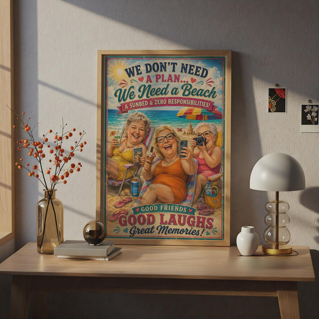 Good Friends Beach Poster, Funny Women Holiday Wall Art, Vintage Retro Style Gift