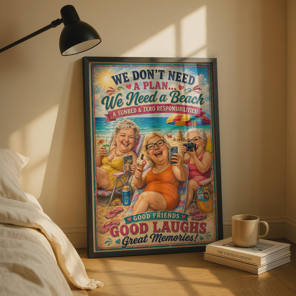 Good Friends Beach Poster, Funny Women Holiday Wall Art, Vintage Retro Style Gift