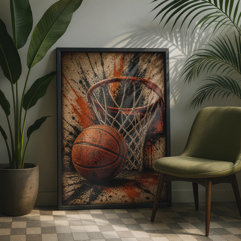 Basketball Hoop Grunge Poster, Urban Street Sport Wall Art, Orange Black Decor