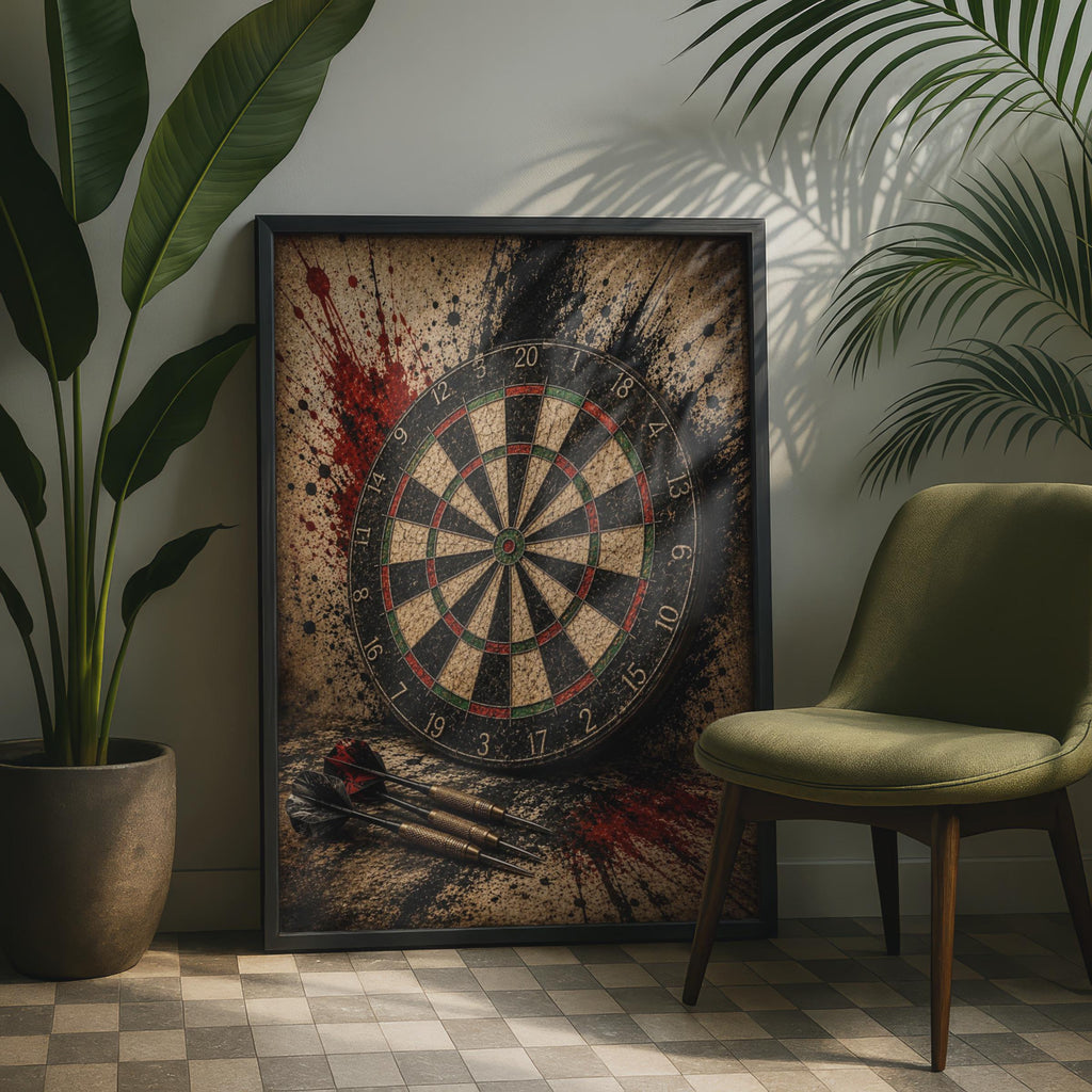 Dartboard Grunge Poster, Dark Darts Wall Art, Moody Sports Room Decor, Games Room