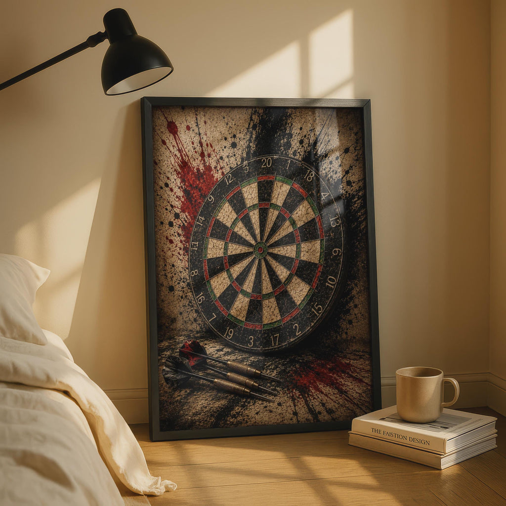 Dartboard Grunge Poster, Dark Darts Wall Art, Moody Sports Room Decor, Games Room