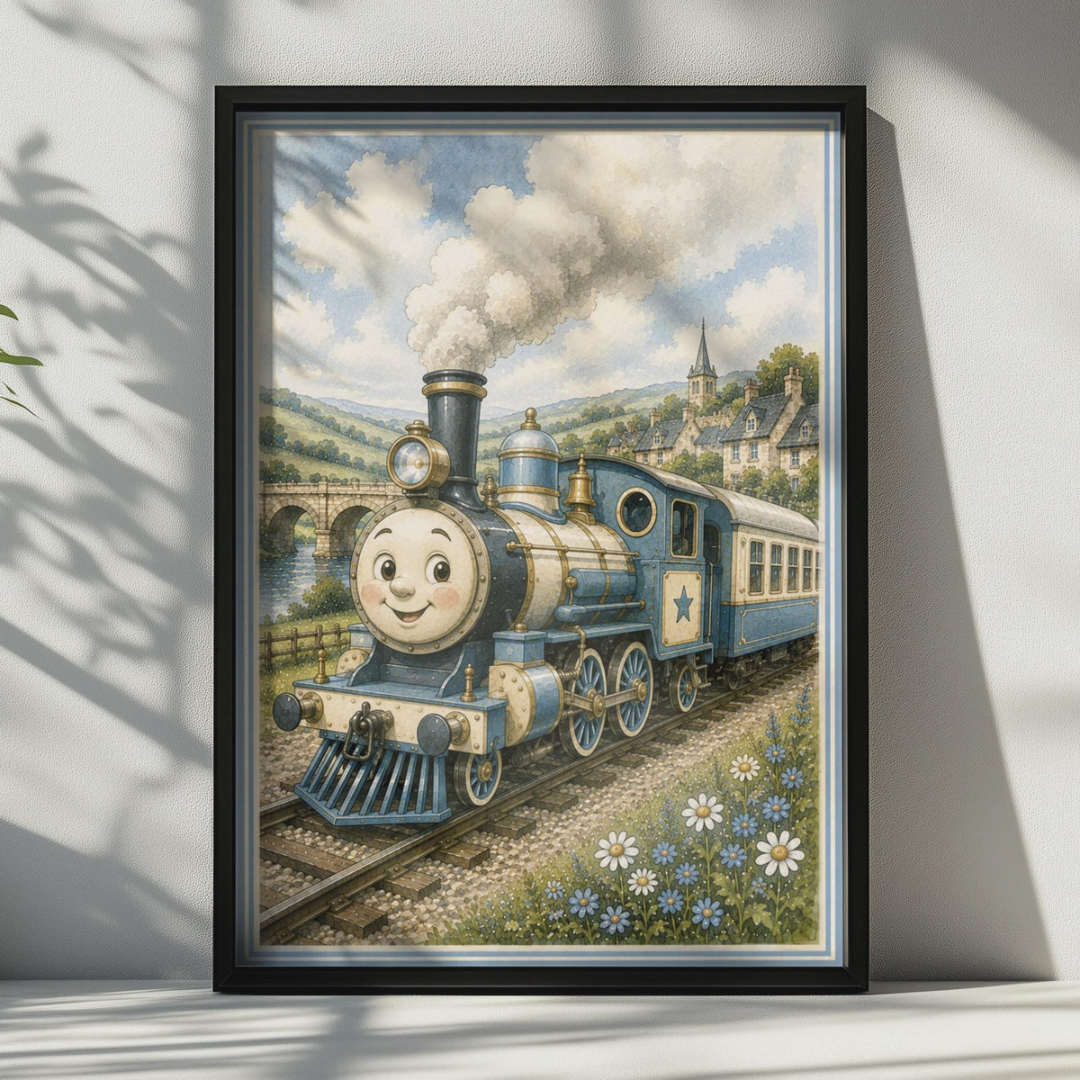 Smiling Steam Train Poster, Blue Locomotive Children's Wall Art, Kids Bedroom Print