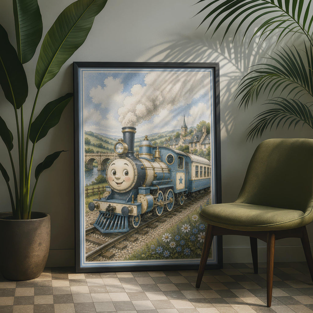 Smiling Steam Train Poster, Blue Locomotive Children's Wall Art, Kids Bedroom Print