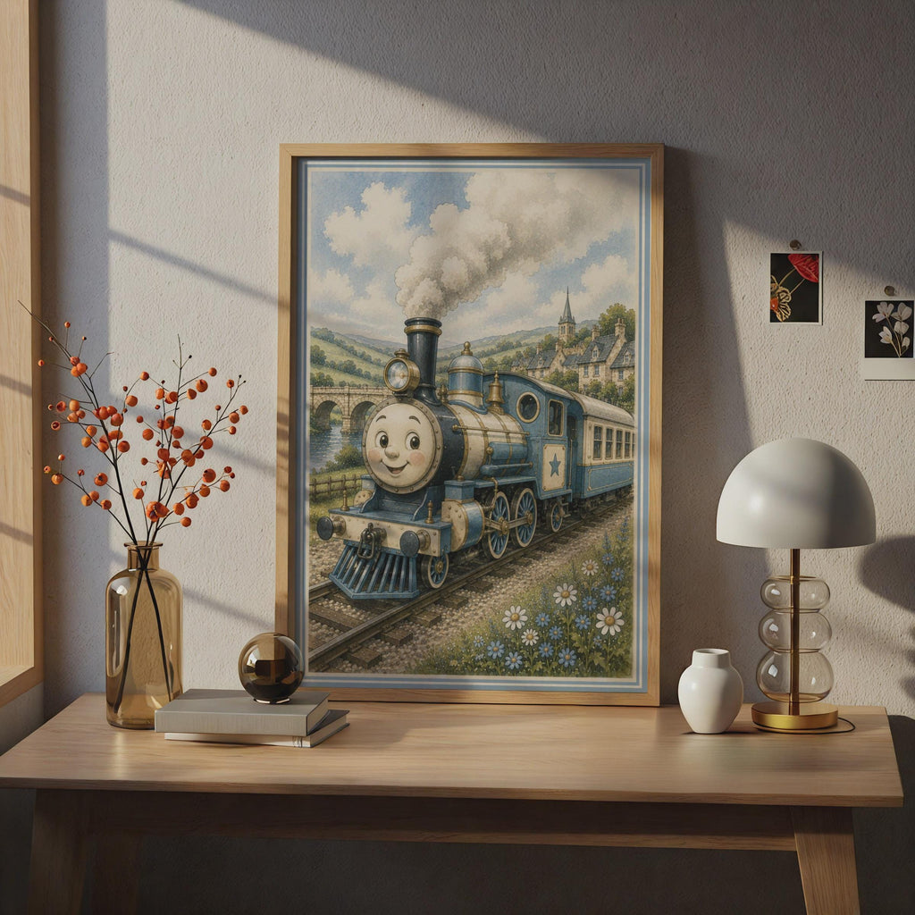 Smiling Steam Train Poster, Blue Locomotive Children's Wall Art, Kids Bedroom Print