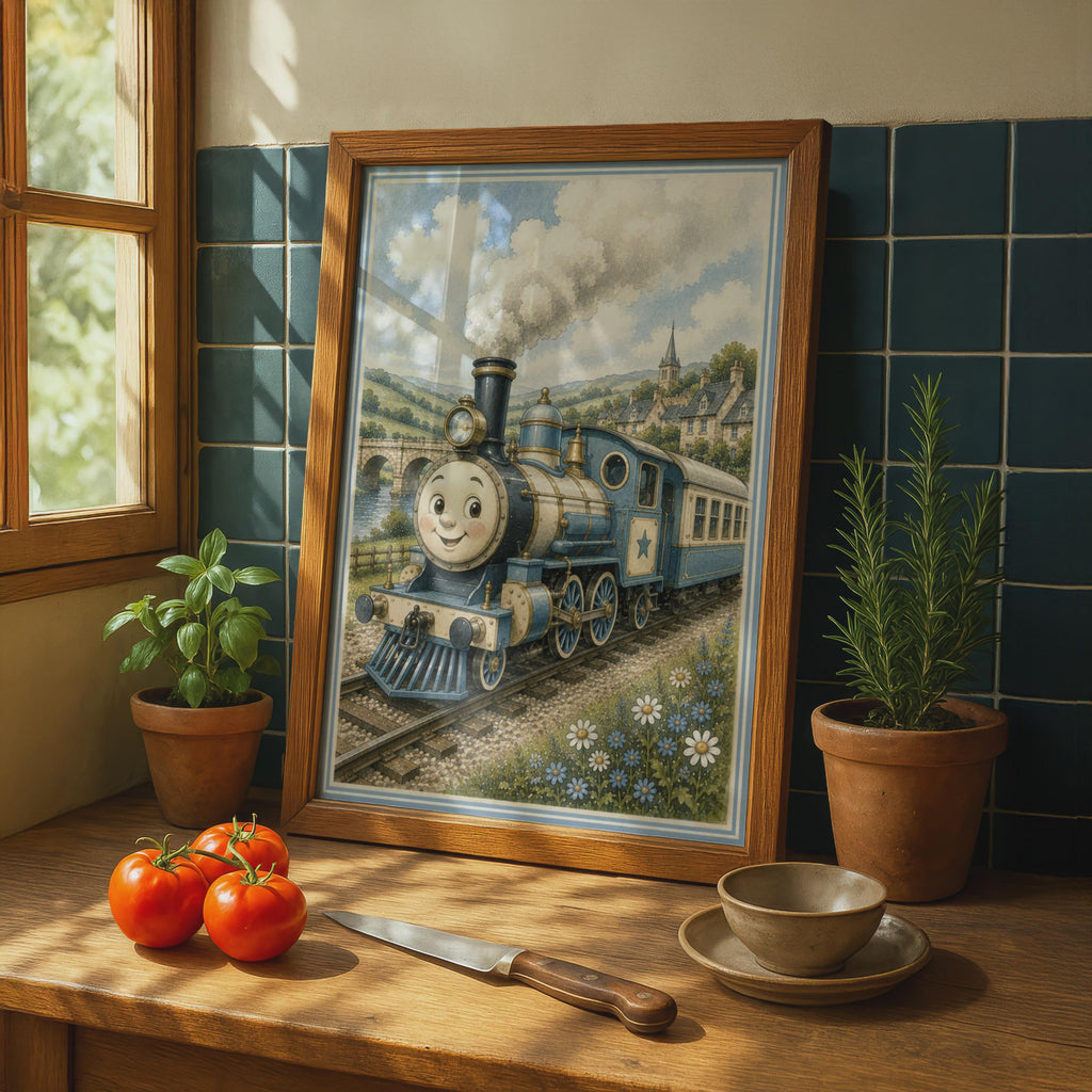 Smiling Steam Train Poster, Blue Locomotive Children's Wall Art, Kids Bedroom Print