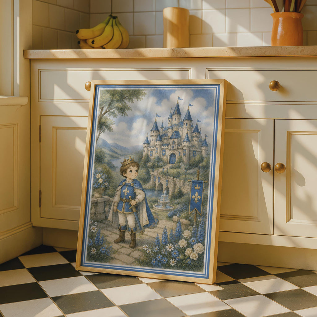 Prince Castle Poster, Boys Fantasy Kingdom Wall Art, Blue Fairytale Children's Room Decor Print