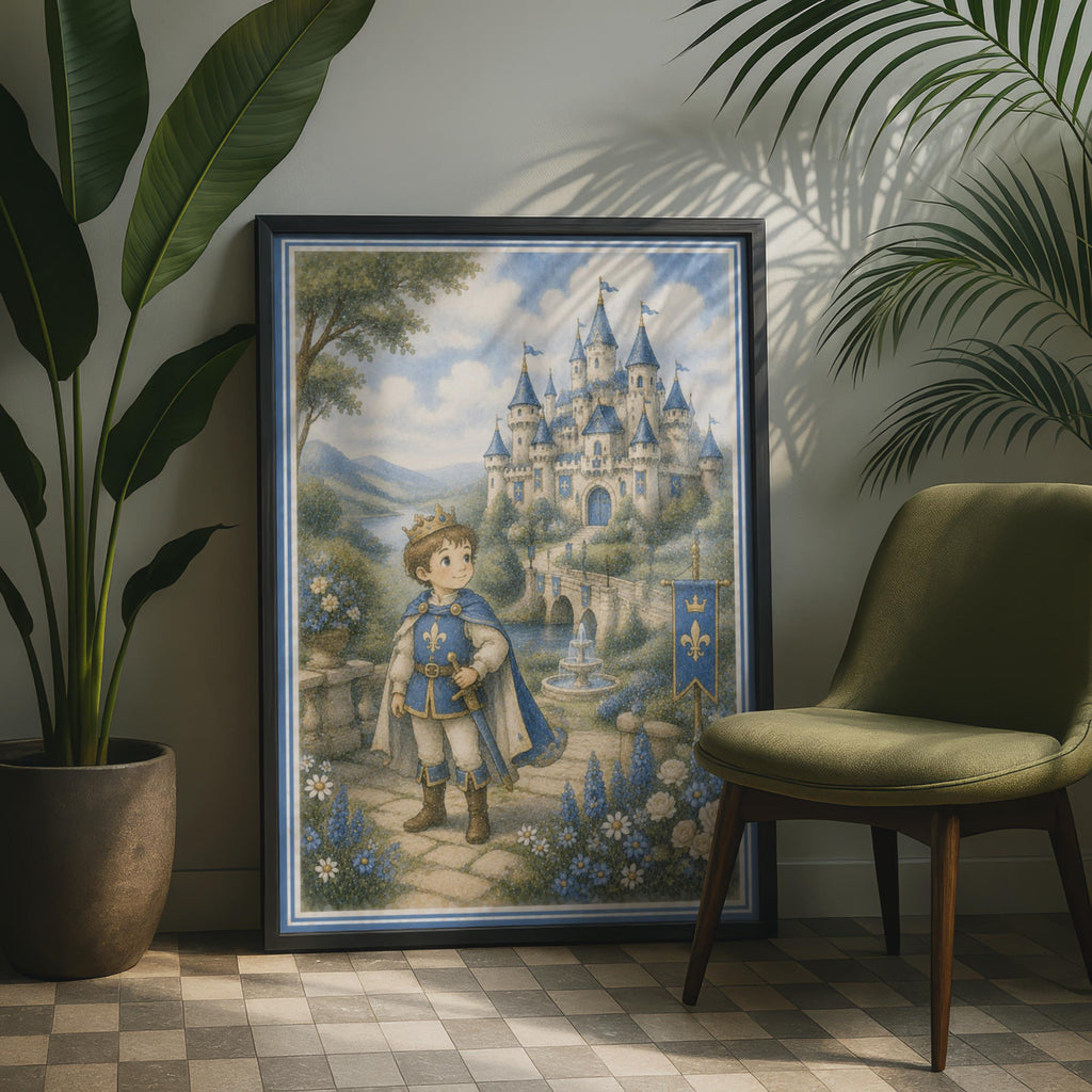 Prince Castle Poster, Boys Fantasy Kingdom Wall Art, Blue Fairytale Children's Room Decor Print