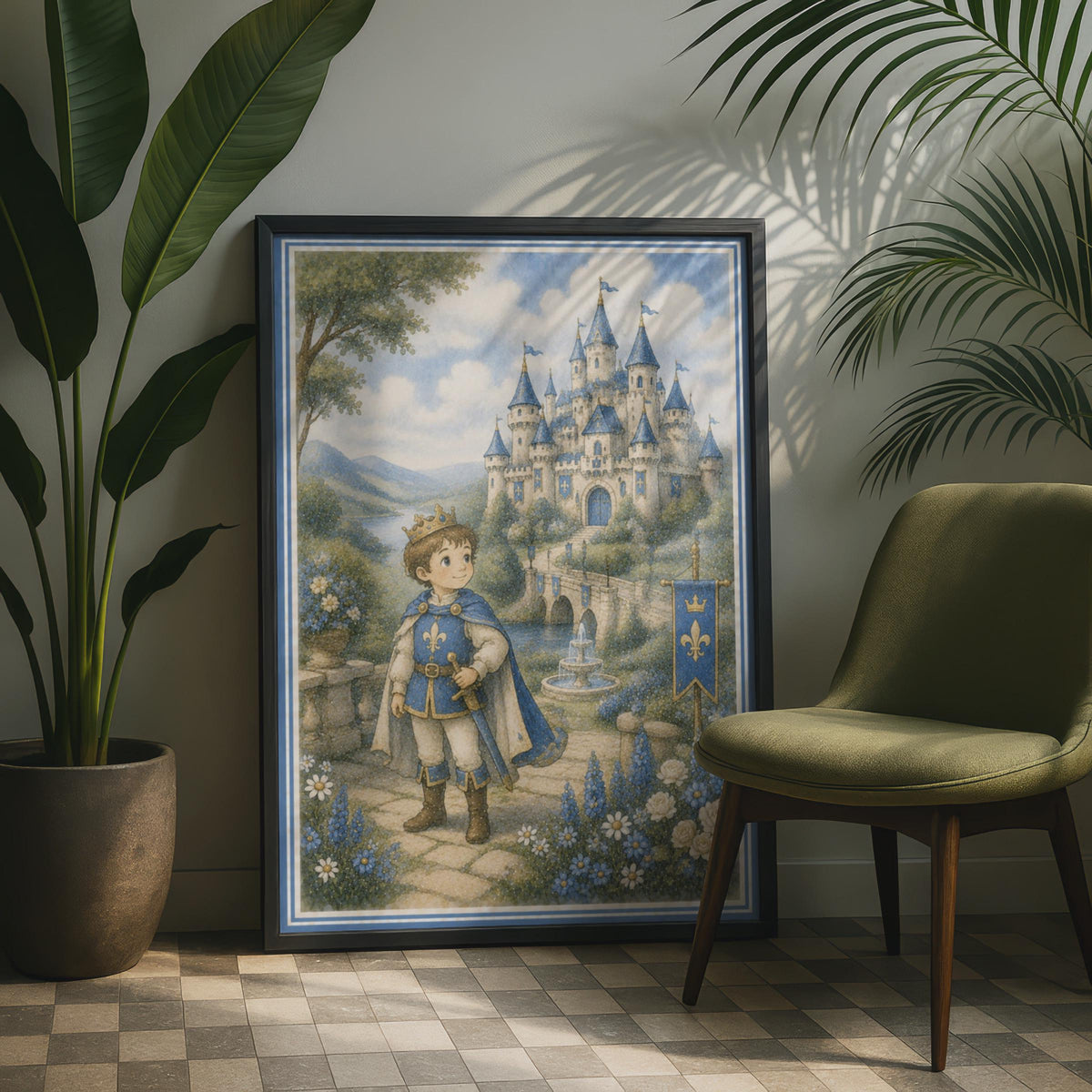 Prince Castle Poster, Boys Fantasy Kingdom Wall Art, Blue Fairytale Children's Room Decor Print
