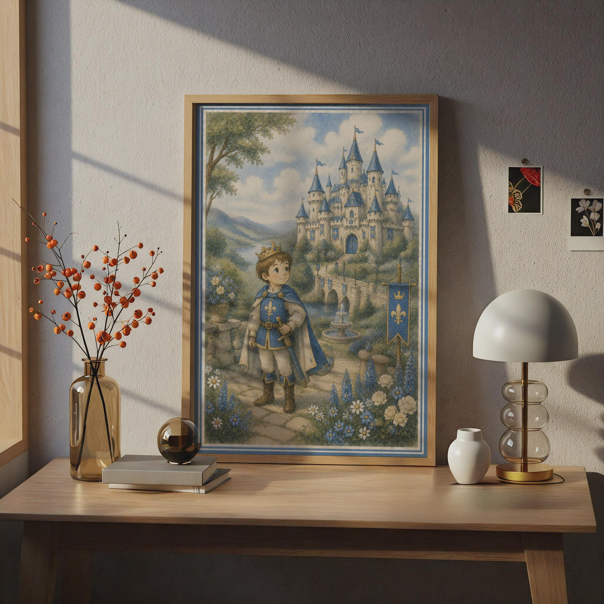 Prince Castle Poster, Boys Fantasy Kingdom Wall Art, Blue Fairytale Children's Room Decor Print