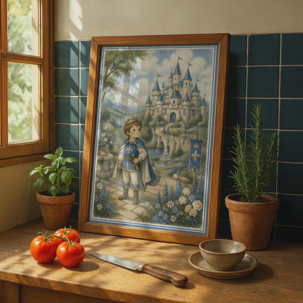 Prince Castle Poster, Boys Fantasy Kingdom Wall Art, Blue Fairytale Children's Room Decor Print