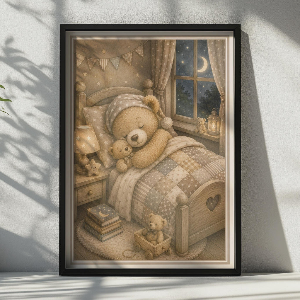 Sleepy Teddy Bear Nursery Print, Vintage Storybook Children's Wall Art, Neutral Beige Kids Room