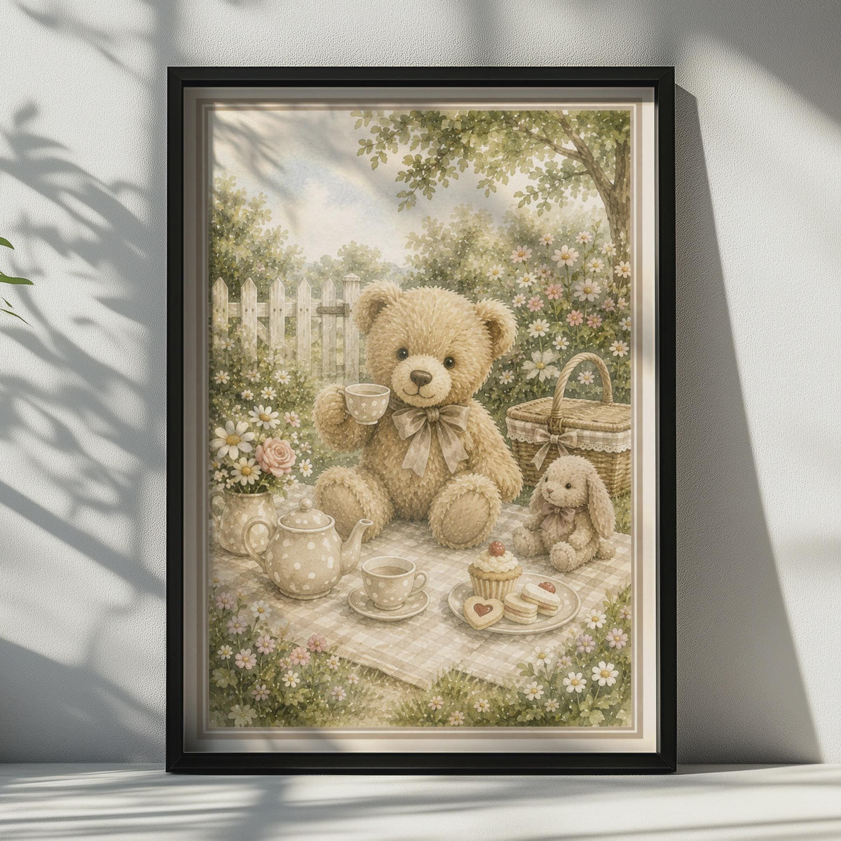 Teddy Bear Tea Party Poster, Vintage Watercolour Garden Nursery Wall Art Print