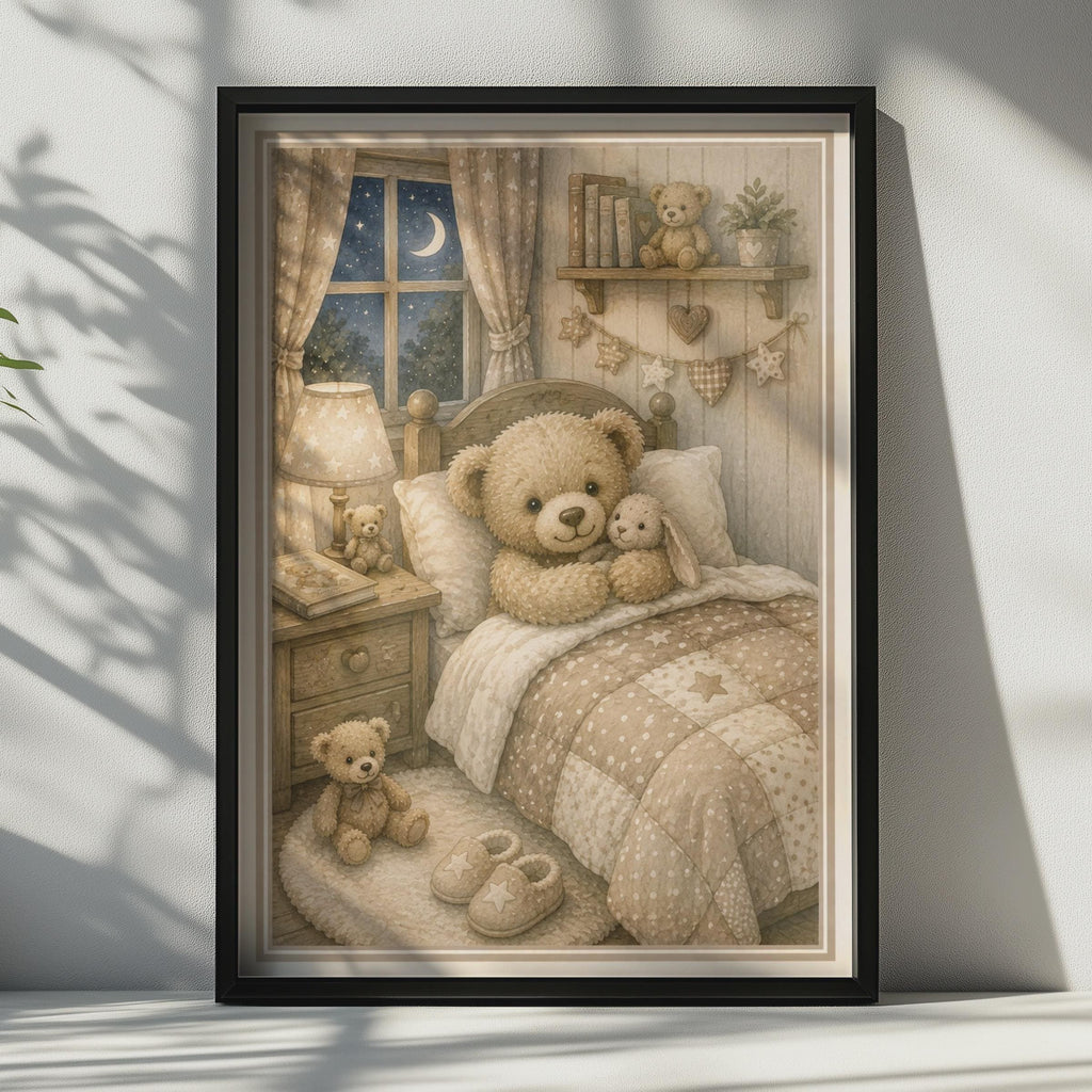 Teddy Bear Bedroom Poster, Cosy Nursery Wall Art, Children's Room Decor, Neutral Beige