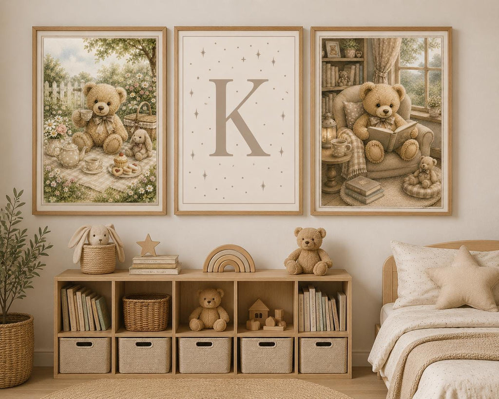 Teddy Bear Tea Party Poster, Vintage Watercolour Garden Nursery Wall Art Print