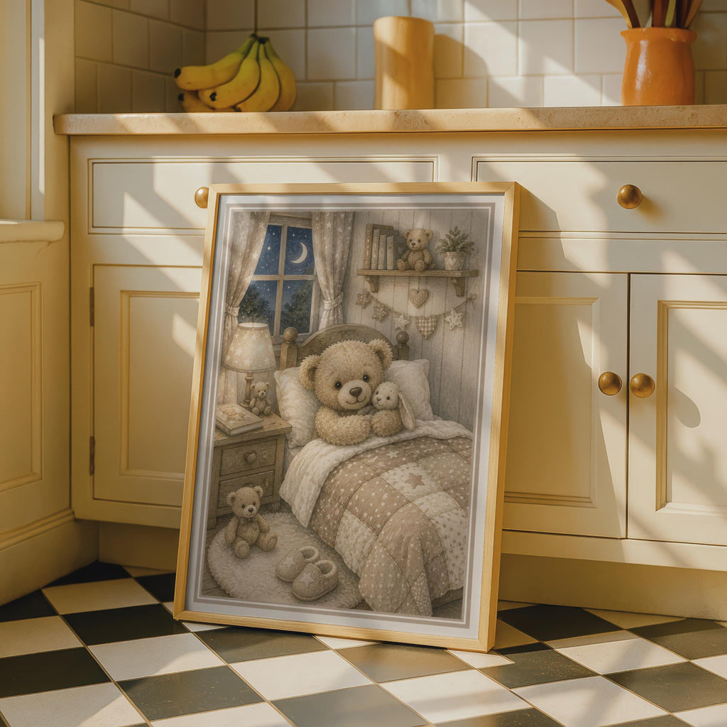 Teddy Bear Bedroom Poster, Cosy Nursery Wall Art, Children's Room Decor, Neutral Beige