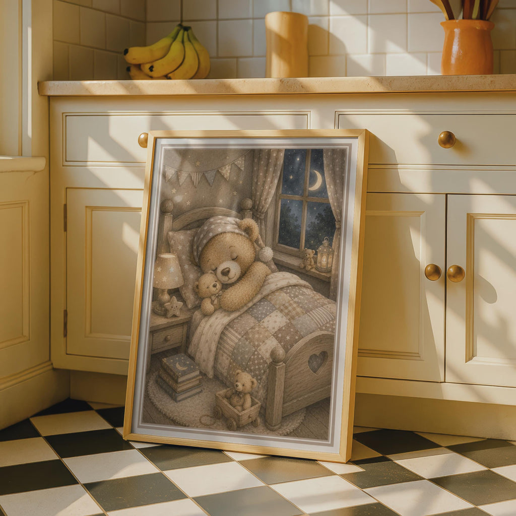 Sleepy Teddy Bear Nursery Print, Vintage Storybook Children's Wall Art, Neutral Beige Kids Room