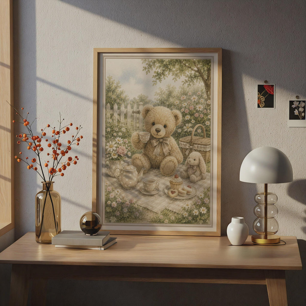 Teddy Bear Tea Party Poster, Vintage Watercolour Garden Nursery Wall Art Print