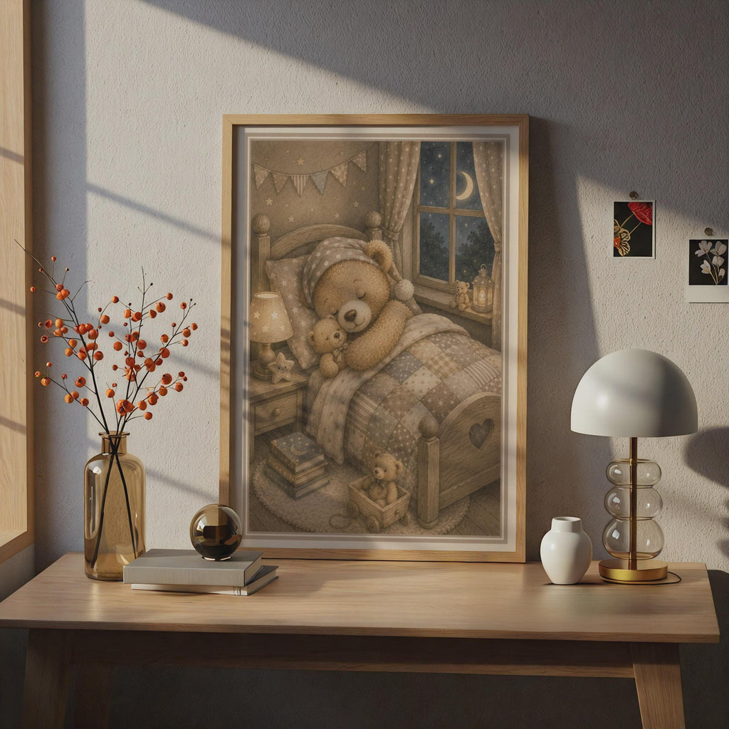 Sleepy Teddy Bear Nursery Print, Vintage Storybook Children's Wall Art, Neutral Beige Kids Room