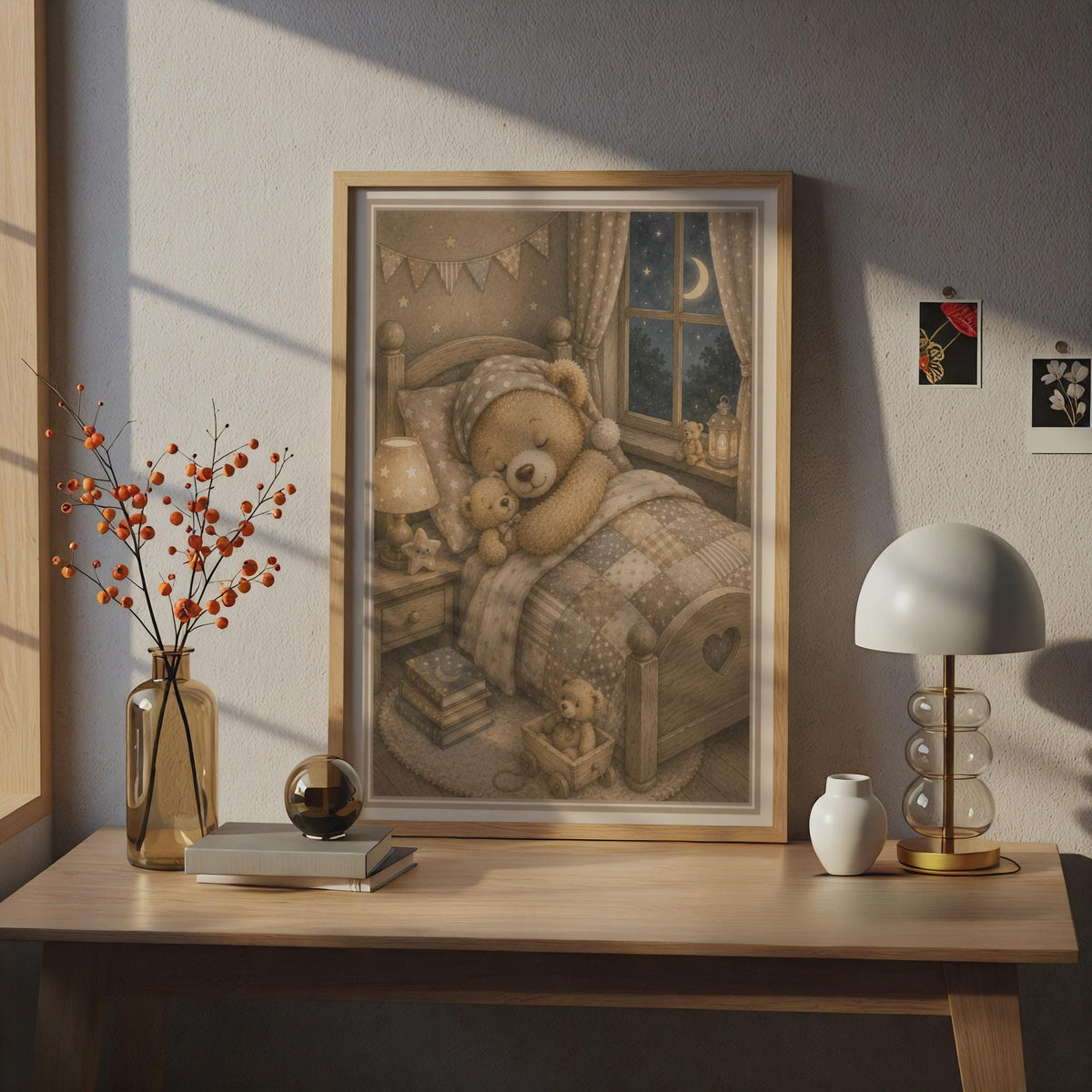 Sleepy Teddy Bear Nursery Print, Vintage Storybook Children's Wall Art, Neutral Beige Kids Room