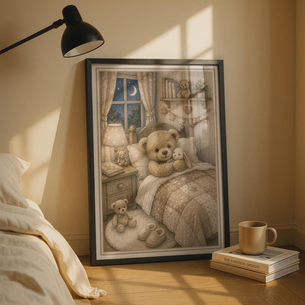 Teddy Bear Bedroom Poster, Cosy Nursery Wall Art, Children's Room Decor, Neutral Beige