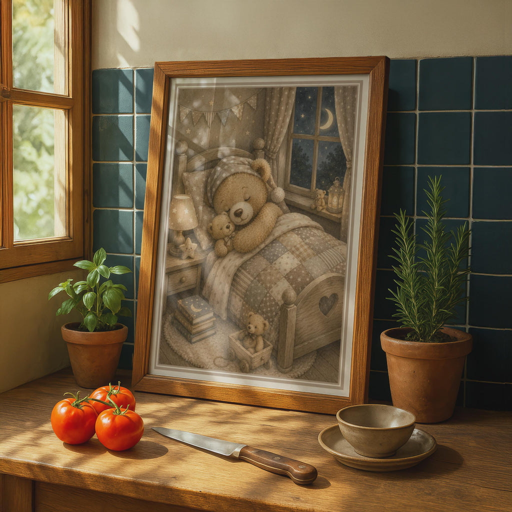 Sleepy Teddy Bear Nursery Print, Vintage Storybook Children's Wall Art, Neutral Beige Kids Room