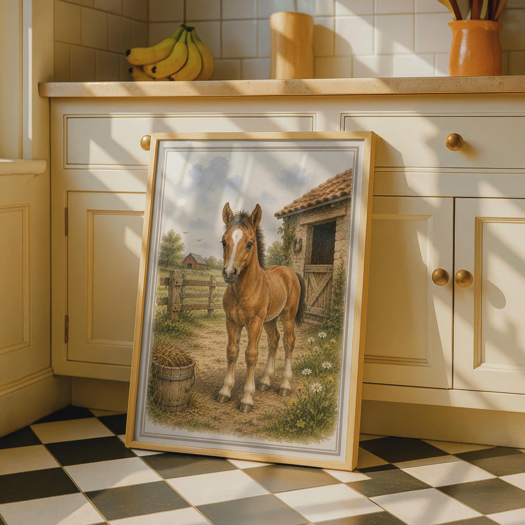 Foal Poster, Chestnut Baby Horse Watercolour Farm Art, Children's Nursery Wall Art Print