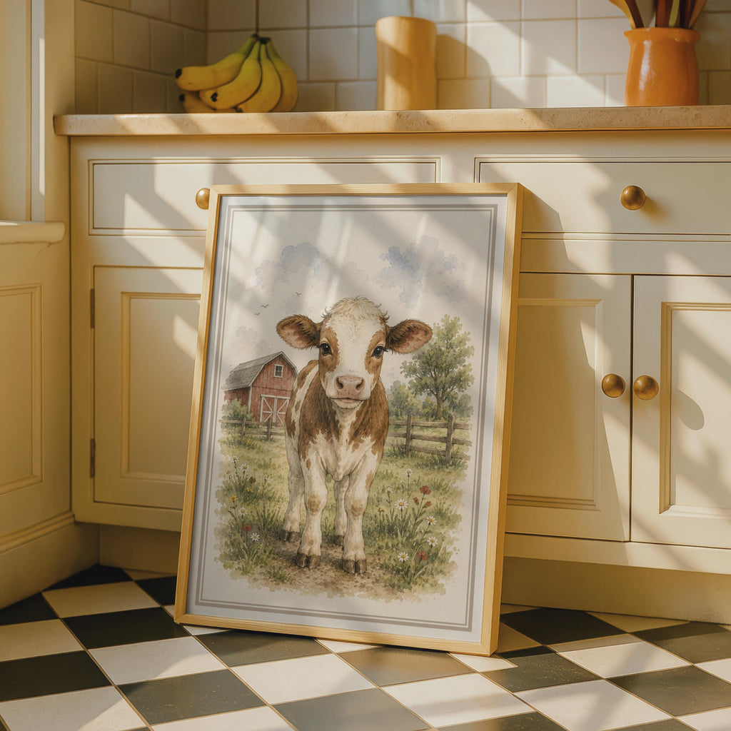 Baby Calf Watercolour Poster, Farm Animal Wall Art, Children's Nursery Print