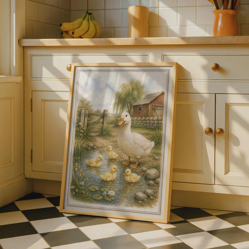 Duck and Ducklings Poster, Farmyard Watercolour Wall Art, Nursery Animal Print, Countryside Decor