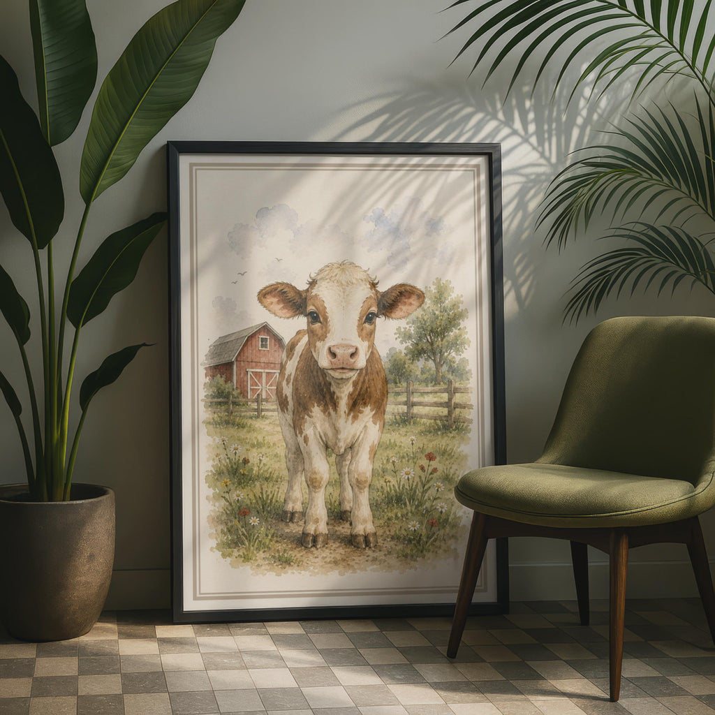 Baby Calf Watercolour Poster, Farm Animal Wall Art, Children's Nursery Print