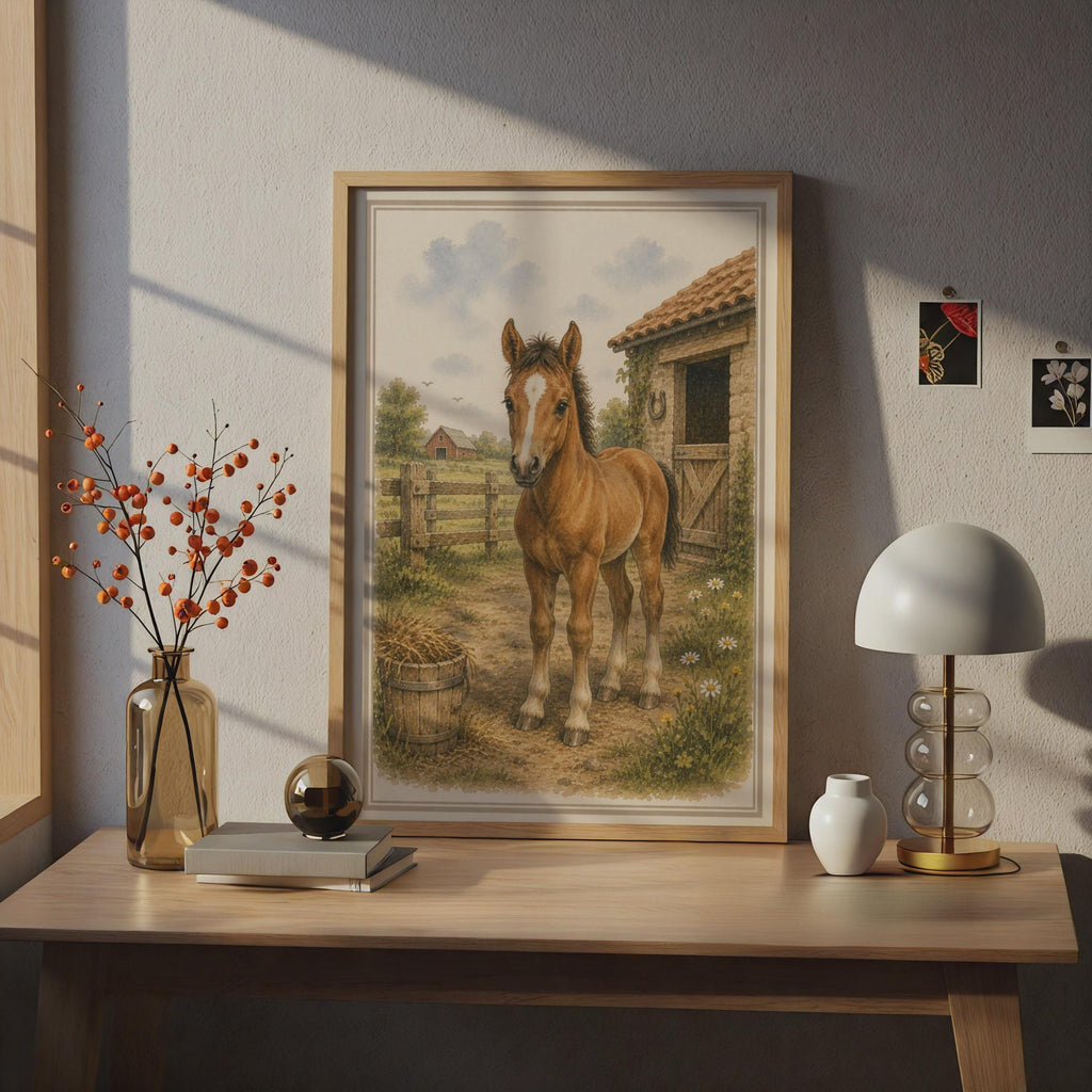 Foal Poster, Chestnut Baby Horse Watercolour Farm Art, Children's Nursery Wall Art Print