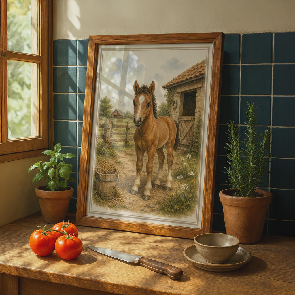Foal Poster, Chestnut Baby Horse Watercolour Farm Art, Children's Nursery Wall Art Print