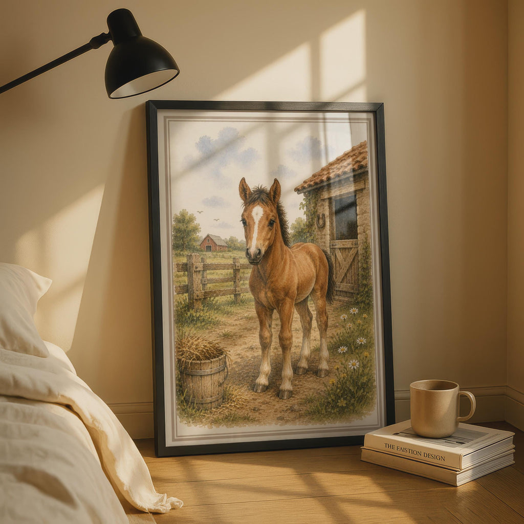 Foal Poster, Chestnut Baby Horse Watercolour Farm Art, Children's Nursery Wall Art Print