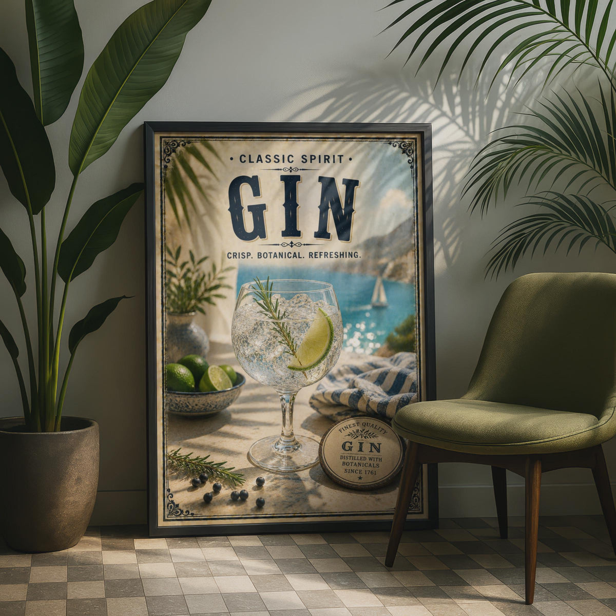 Gin Botanical Vintage Poster, Classic Spirit Bar Wall Art, Retro Cocktail Print, Navy Blue