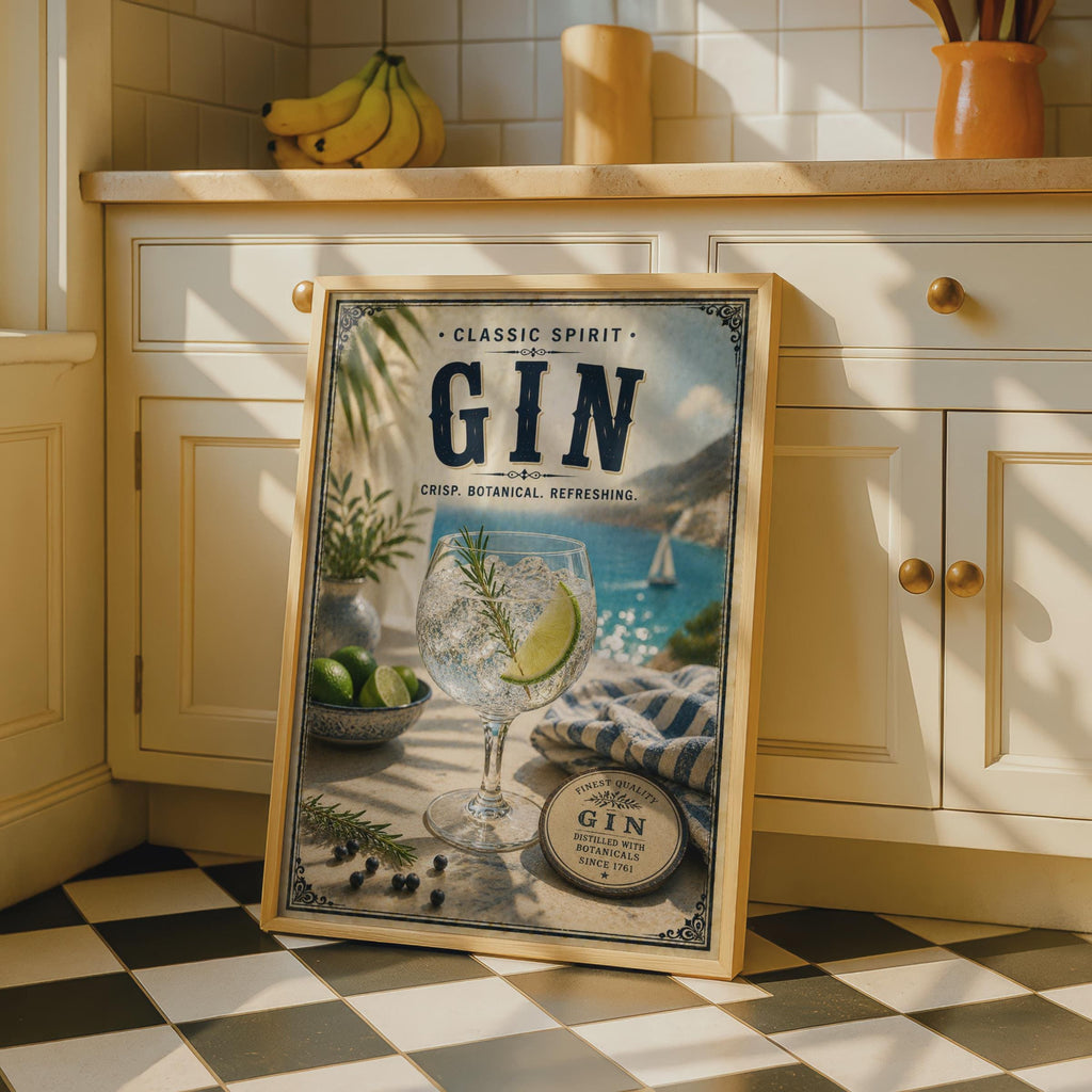 Gin Botanical Vintage Poster, Classic Spirit Bar Wall Art, Retro Cocktail Print, Navy Blue