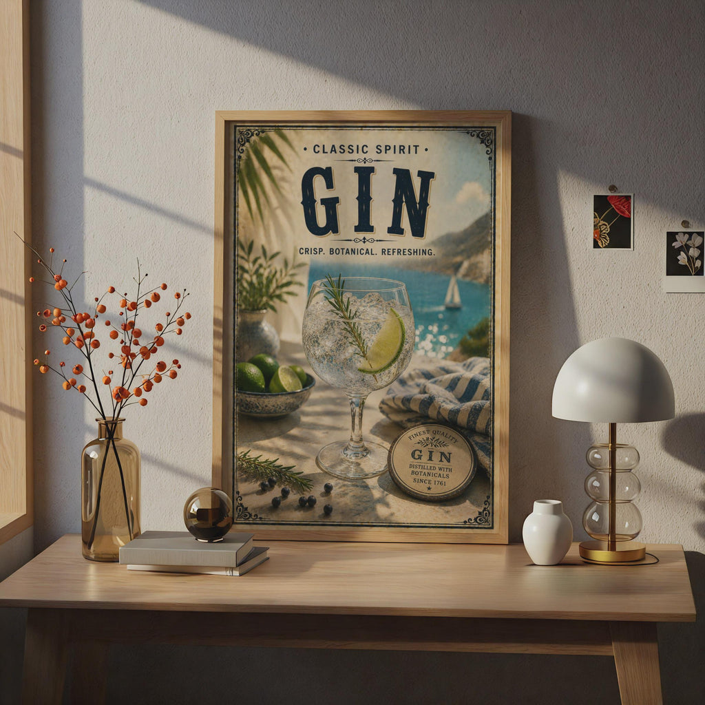 Gin Botanical Vintage Poster, Classic Spirit Bar Wall Art, Retro Cocktail Print, Navy Blue