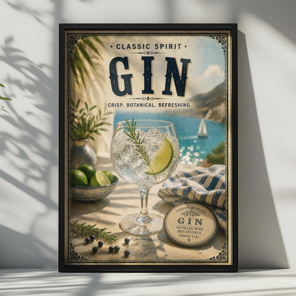 Gin Botanical Vintage Poster, Classic Spirit Bar Wall Art, Retro Cocktail Print, Navy Blue