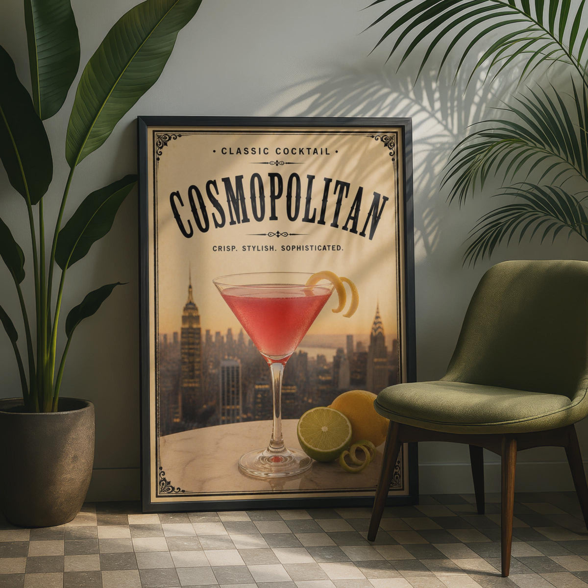 Cosmopolitan Cocktail Poster, Classic Cocktail Bar Wall Art, Vintage Style New York Print