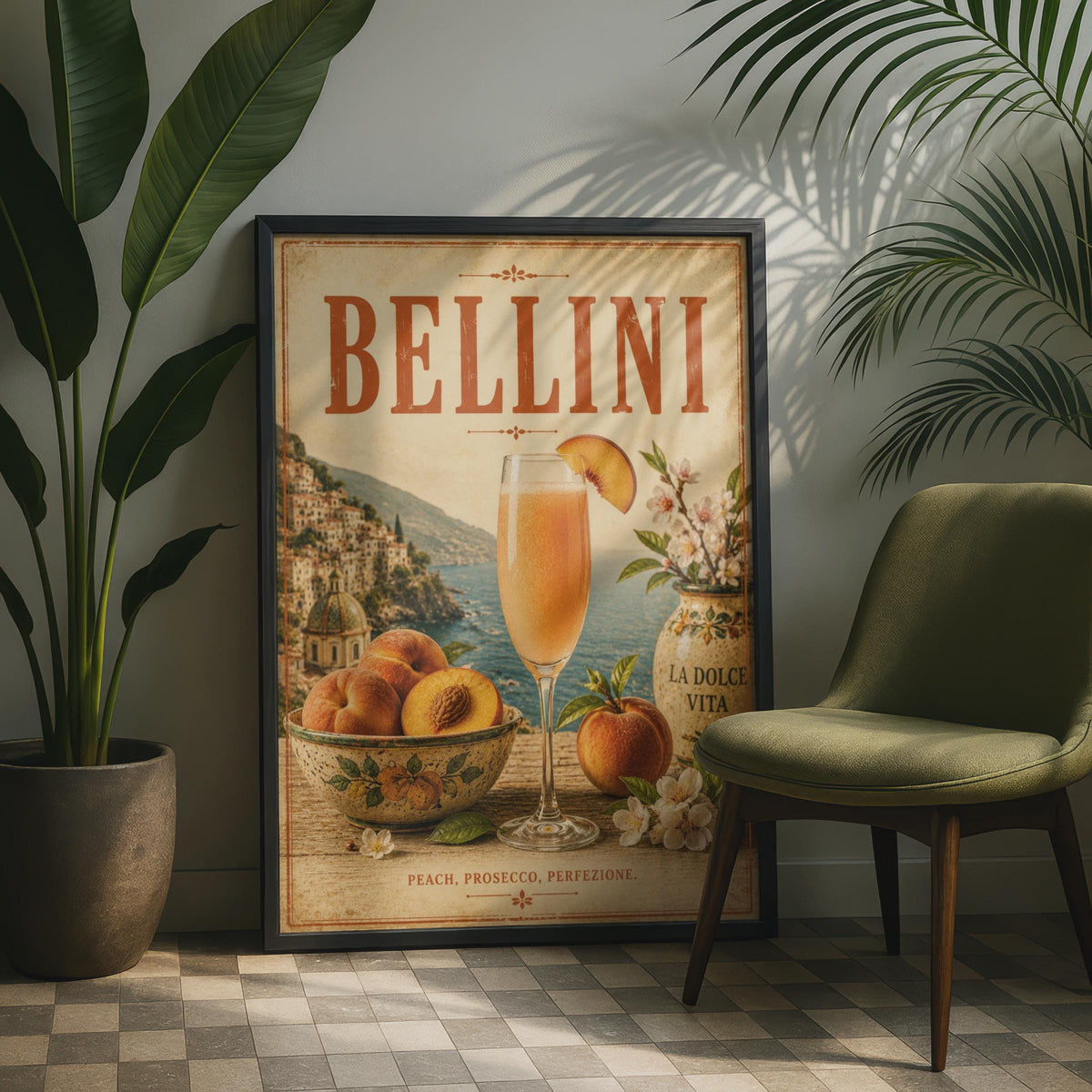Bellini Cocktail Vintage Poster, Italian Bar Cart Wall Art, La Dolce Vita Prosecco Print