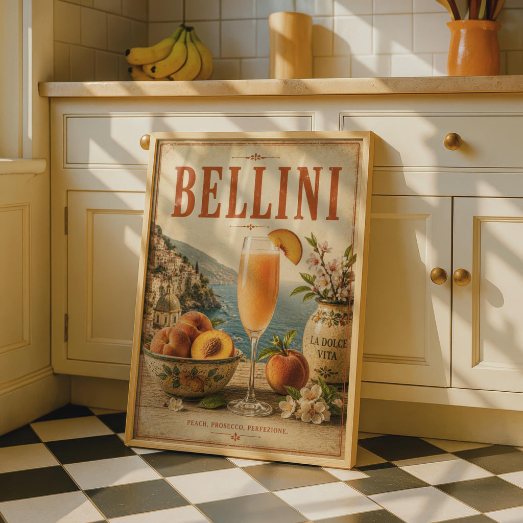 Bellini Cocktail Vintage Poster, Italian Bar Cart Wall Art, La Dolce Vita Prosecco Print