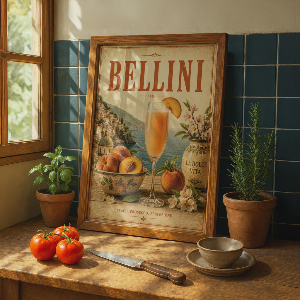 Bellini Cocktail Vintage Poster, Italian Bar Cart Wall Art, La Dolce Vita Prosecco Print