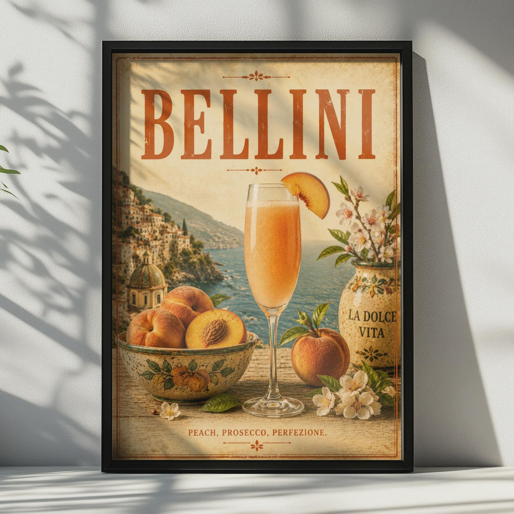 Bellini Cocktail Vintage Poster, Italian Bar Cart Wall Art, La Dolce Vita Prosecco Print