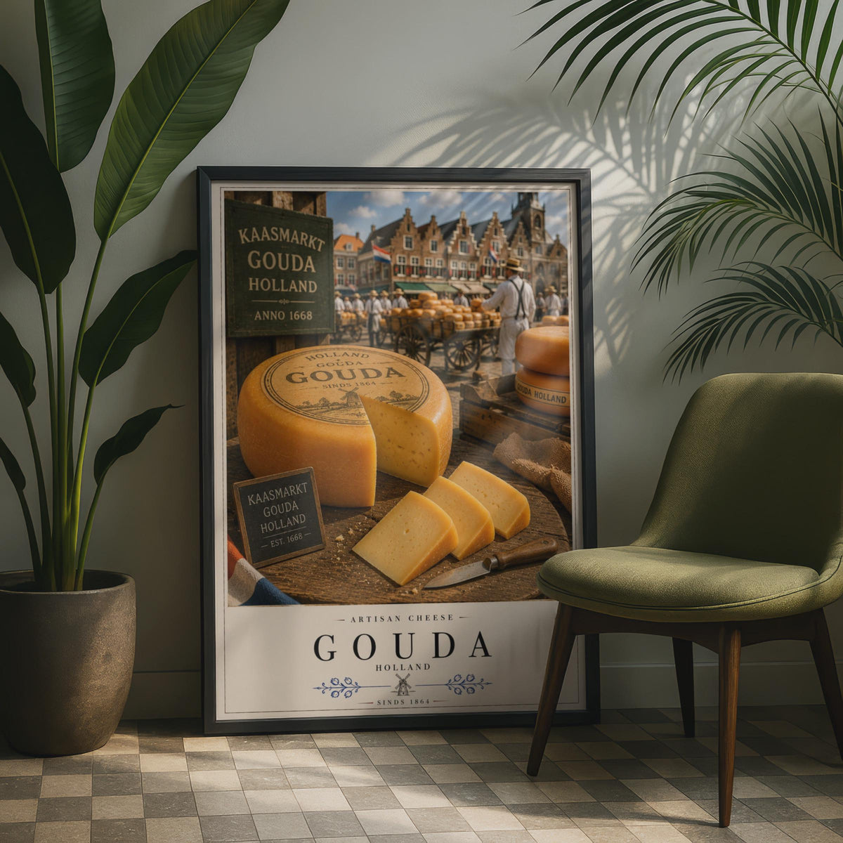 Gouda Holland Artisan Cheese Market Poster, Dutch Kaasmarkt Food Wall Art Print