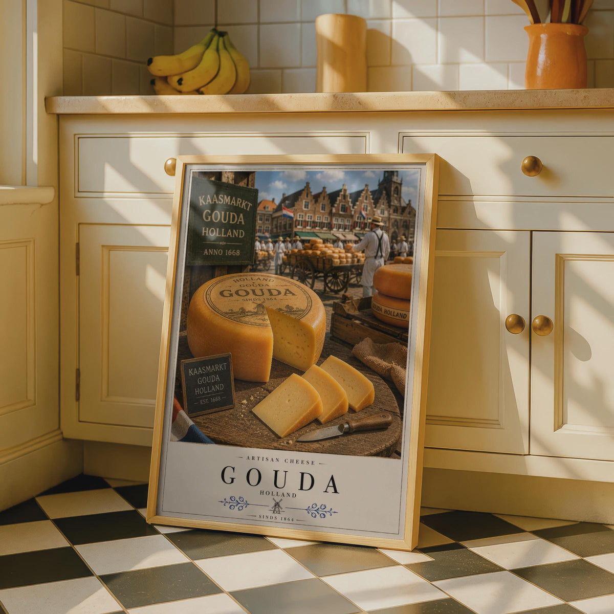 Gouda Holland Artisan Cheese Market Poster, Dutch Kaasmarkt Food Wall Art Print