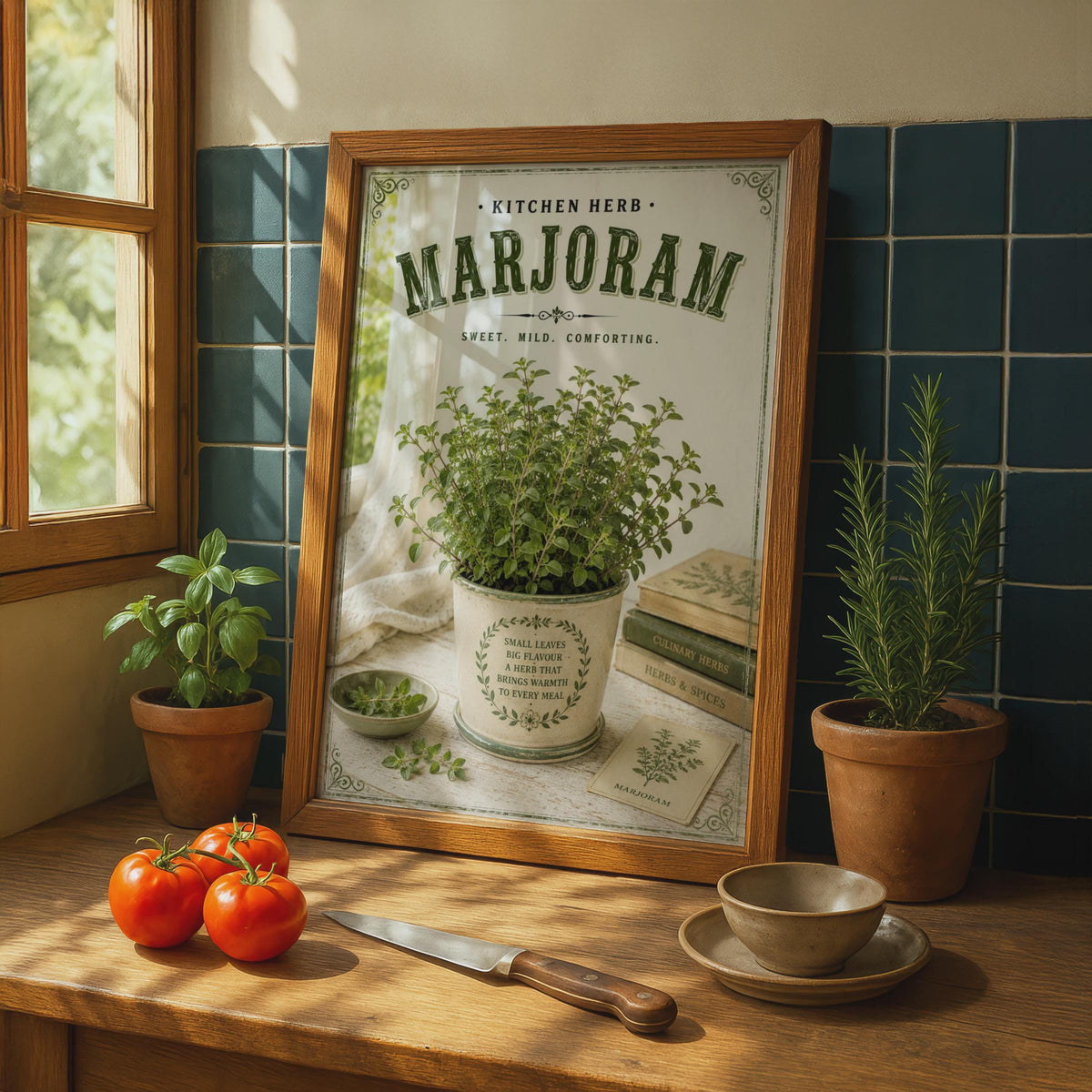 Marjoram Kitchen Herb Poster, Vintage Botanical Wall Art, Rustic Green Herb Print