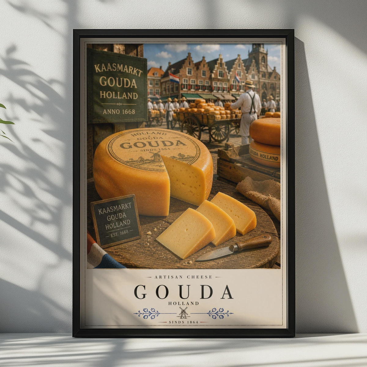 Gouda Holland Artisan Cheese Market Poster, Dutch Kaasmarkt Food Wall Art Print