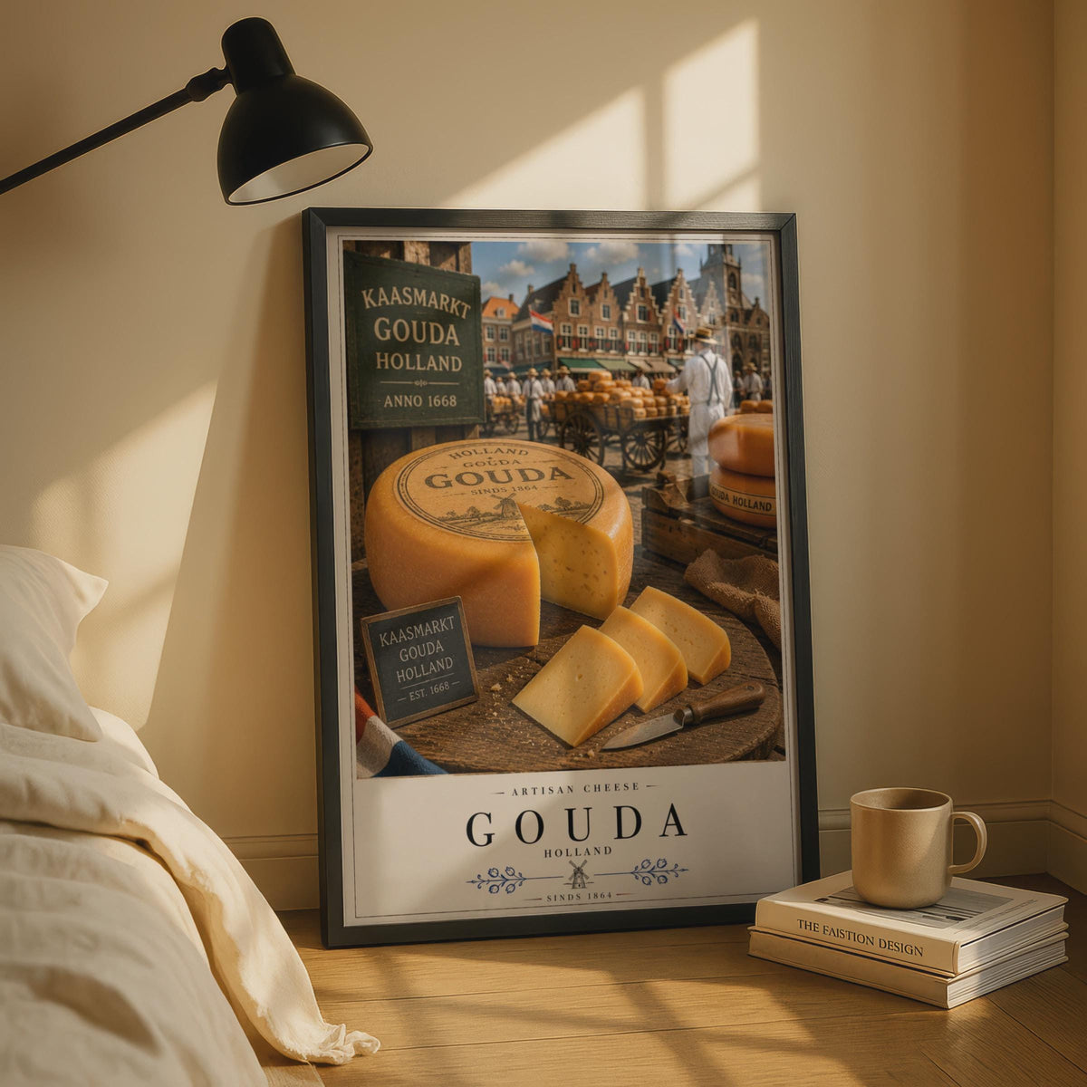 Gouda Holland Artisan Cheese Market Poster, Dutch Kaasmarkt Food Wall Art Print