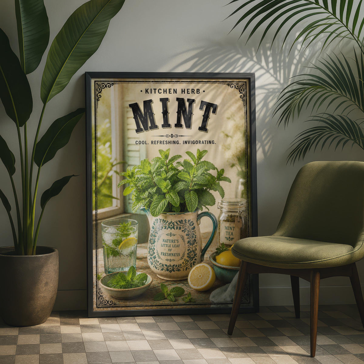 Vintage Mint Kitchen Herb Poster, Botanical Wall Art Print, Farmhouse Decor