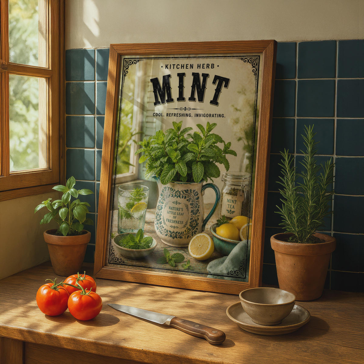 Vintage Mint Kitchen Herb Poster, Botanical Wall Art Print, Farmhouse Decor